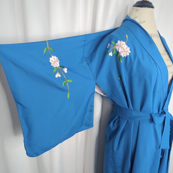 Vintage Kimono Yukata Japanese Small Medium Blue Floral - Picture 3 of 13